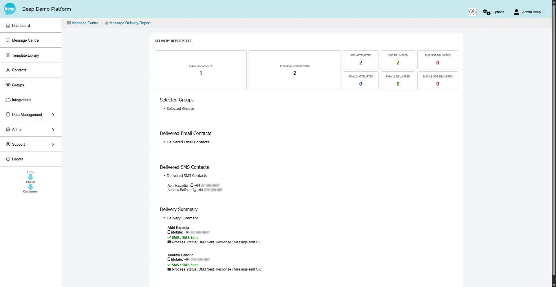 A Beep message delivery report, showing per-contact delivery status