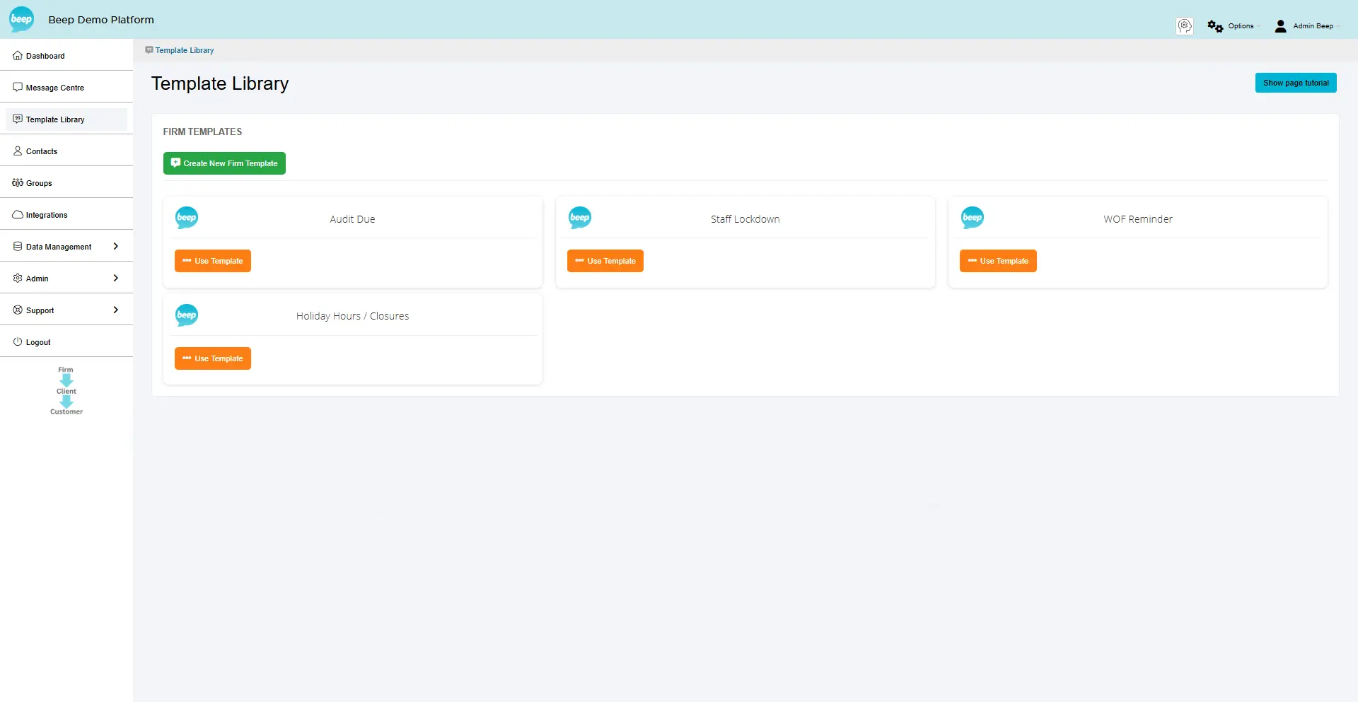 The Beep template library, showing firm templates ready to use